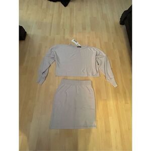 NEW Puff Sleeve 2 Piece Knit Outfit Crop Top Bodycon Skirt Set L